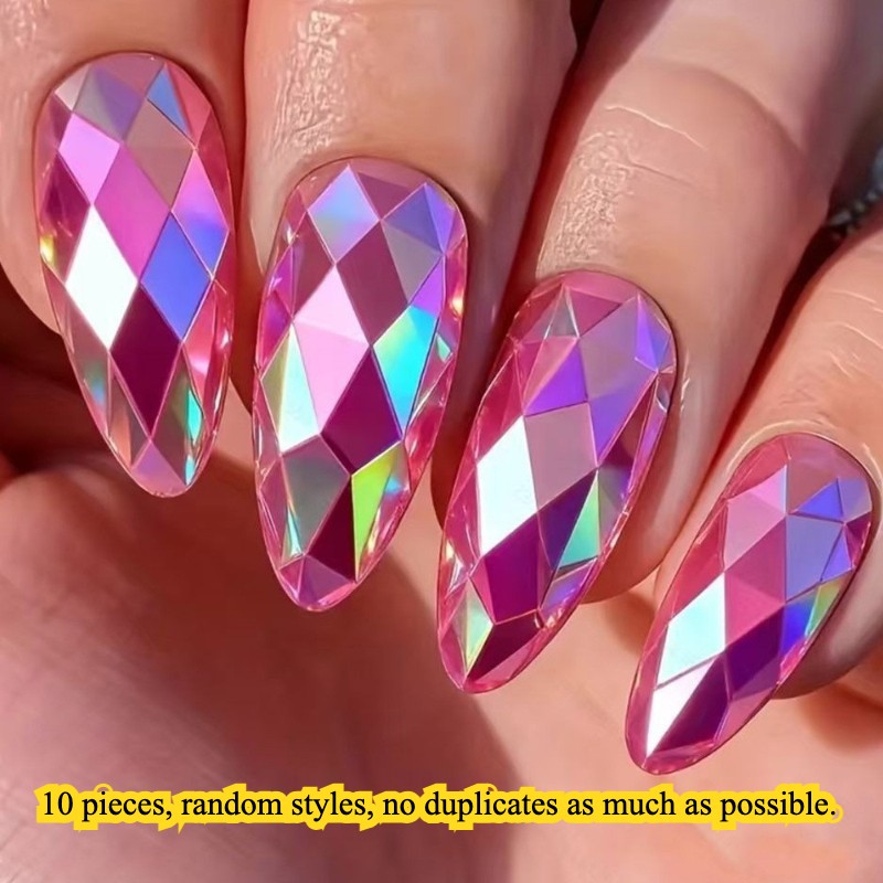 Long Round Almond Fake Nails Metallic Mirror Shimmer 3D Laser Glue on Nail Lot