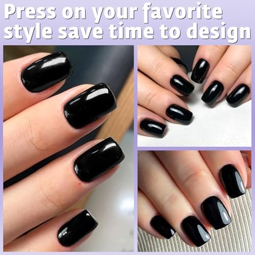 Press on Nails Short Square,120Pcs Glossy Fake Nails Full Cover Acrylic Black