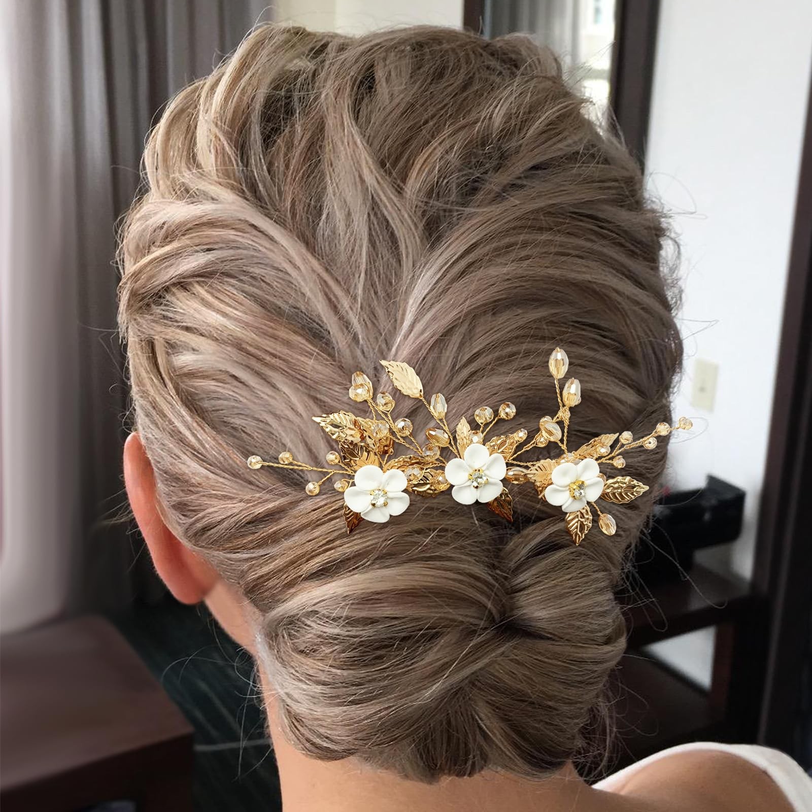PRETTYLIFE White Flower Hair Pins Bridal Wedding 3 Count (Pack of 1), B Gold