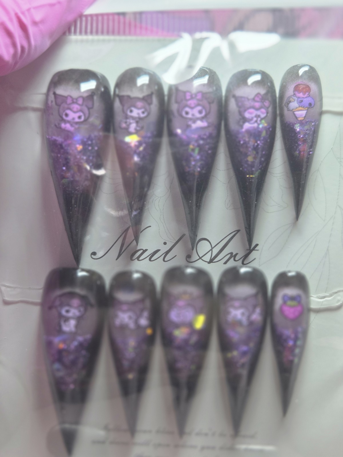 Press On Nails Handmade Large Long Claw, Kuromi,black Purple, Water Aqua Nails