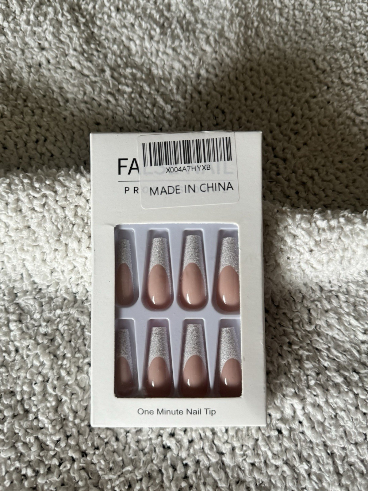Amazon Women False Nails Nude with White Glitter Tips
