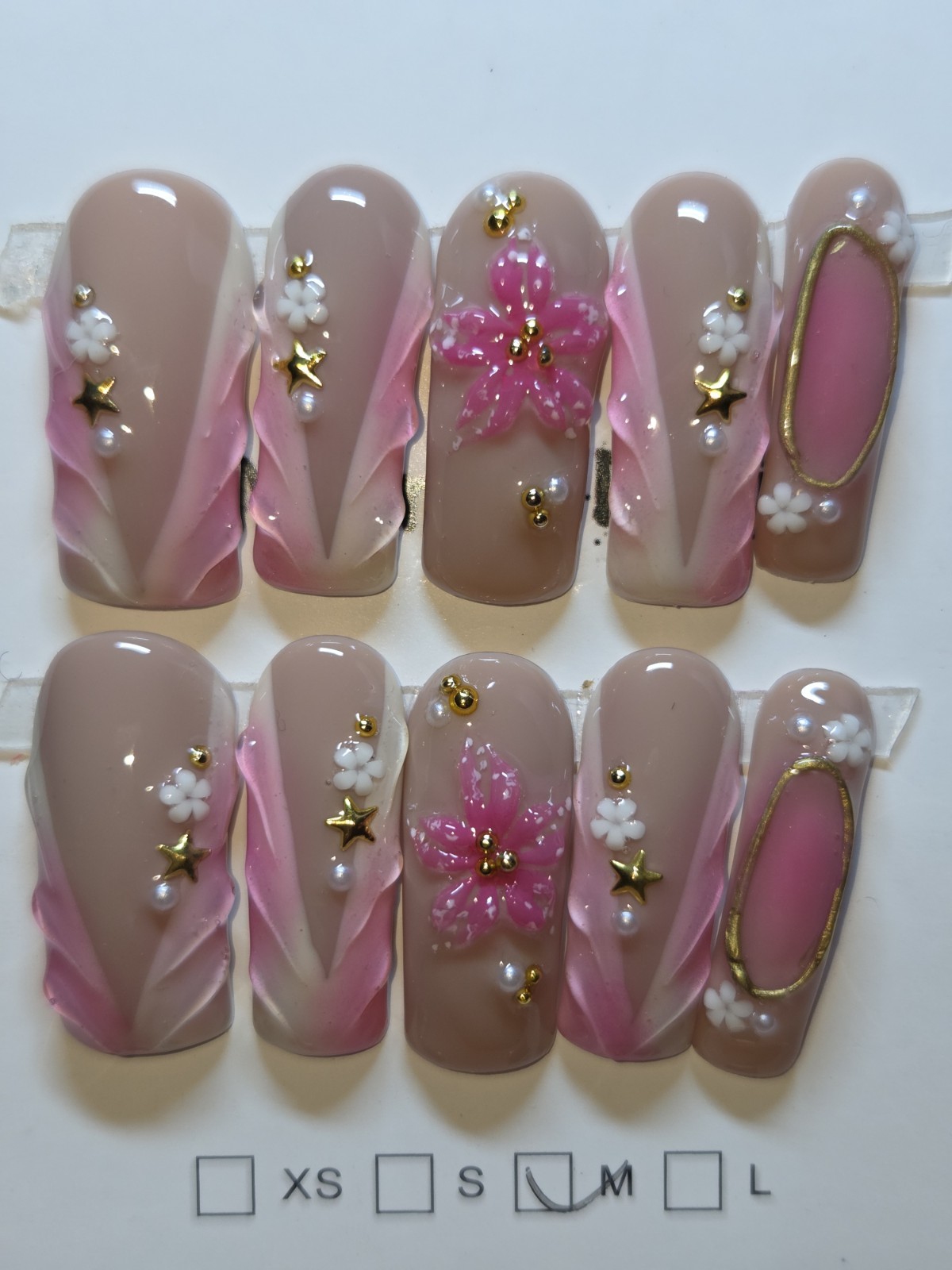 Press On Nails Handmade Medium Curvenails Nude Pink Themed Matching Flowers