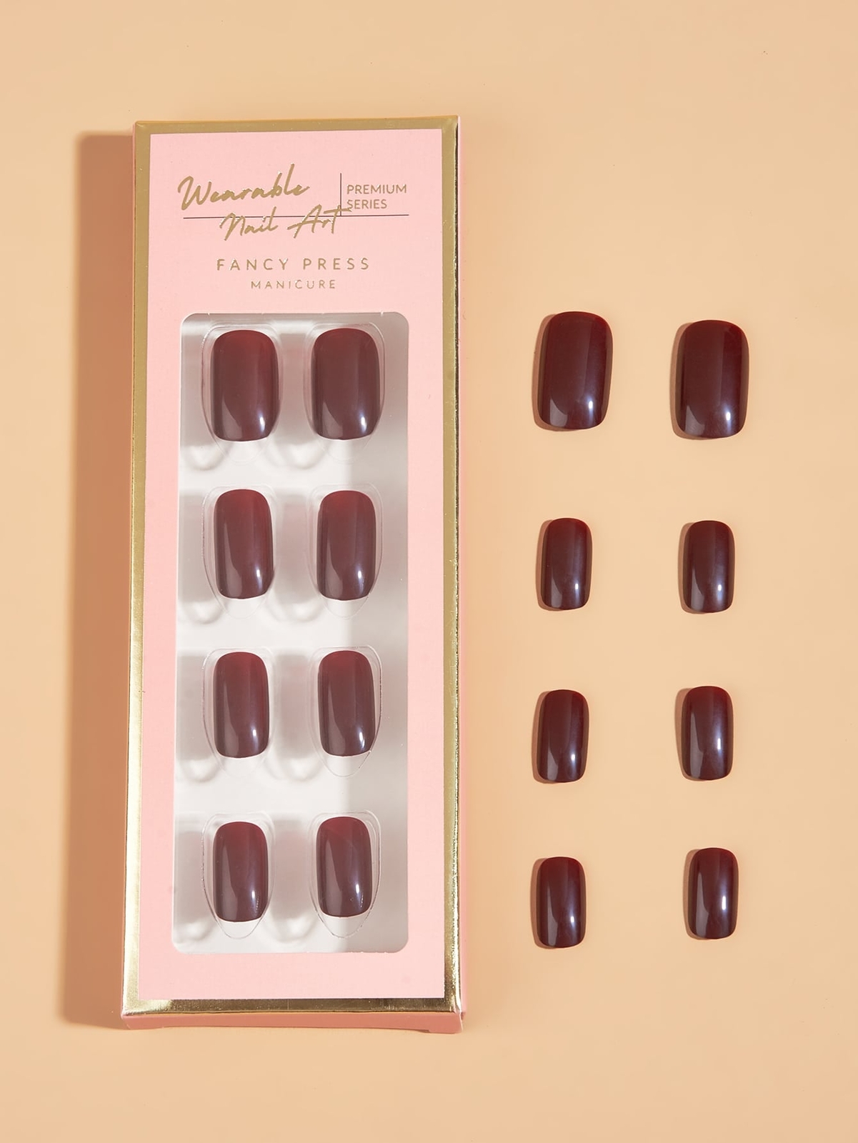 24pcs Short Square Burgundy Solid Fake Nail False Nails Press On Nails Glue On
