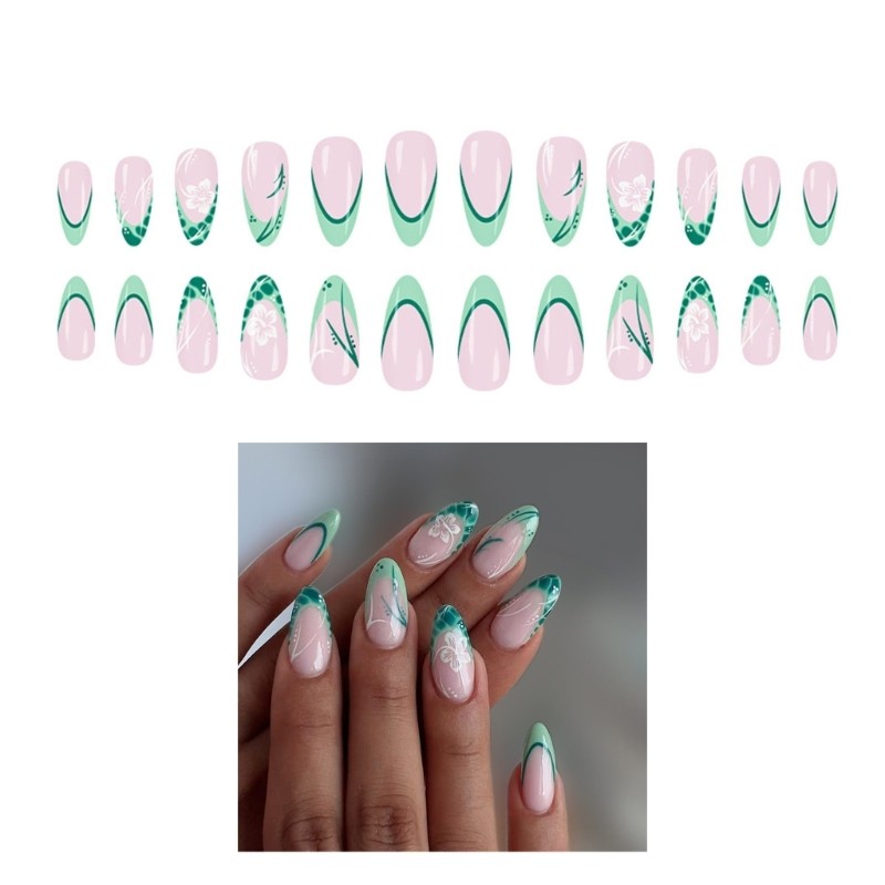 Green French Floral Press On Nail Floral False Nail Middle Length