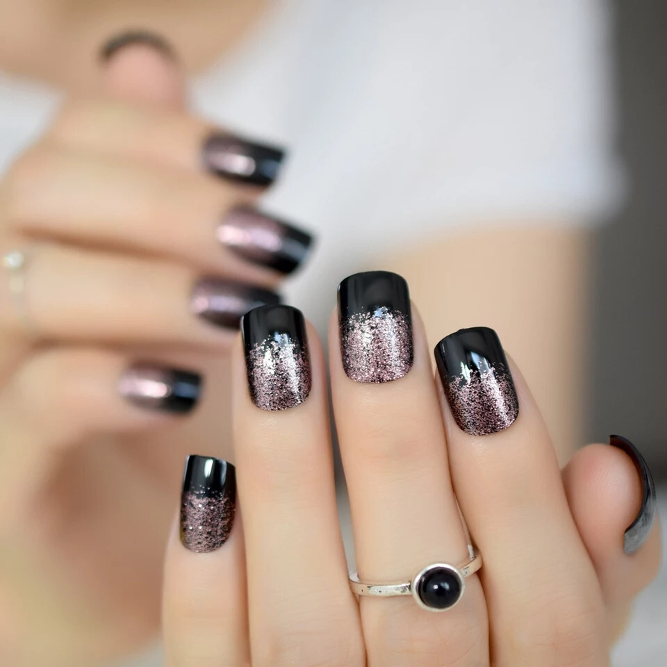 24 Short press on nails kit w glue black square rose gold ombre glitter pink