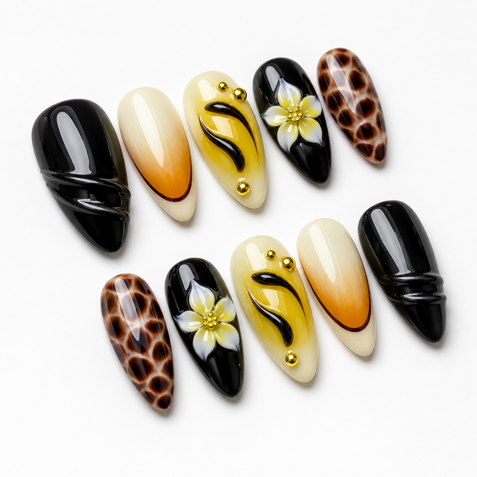 Handmade Black Amber 3D Floral Leopard Press On Nails Custom Set