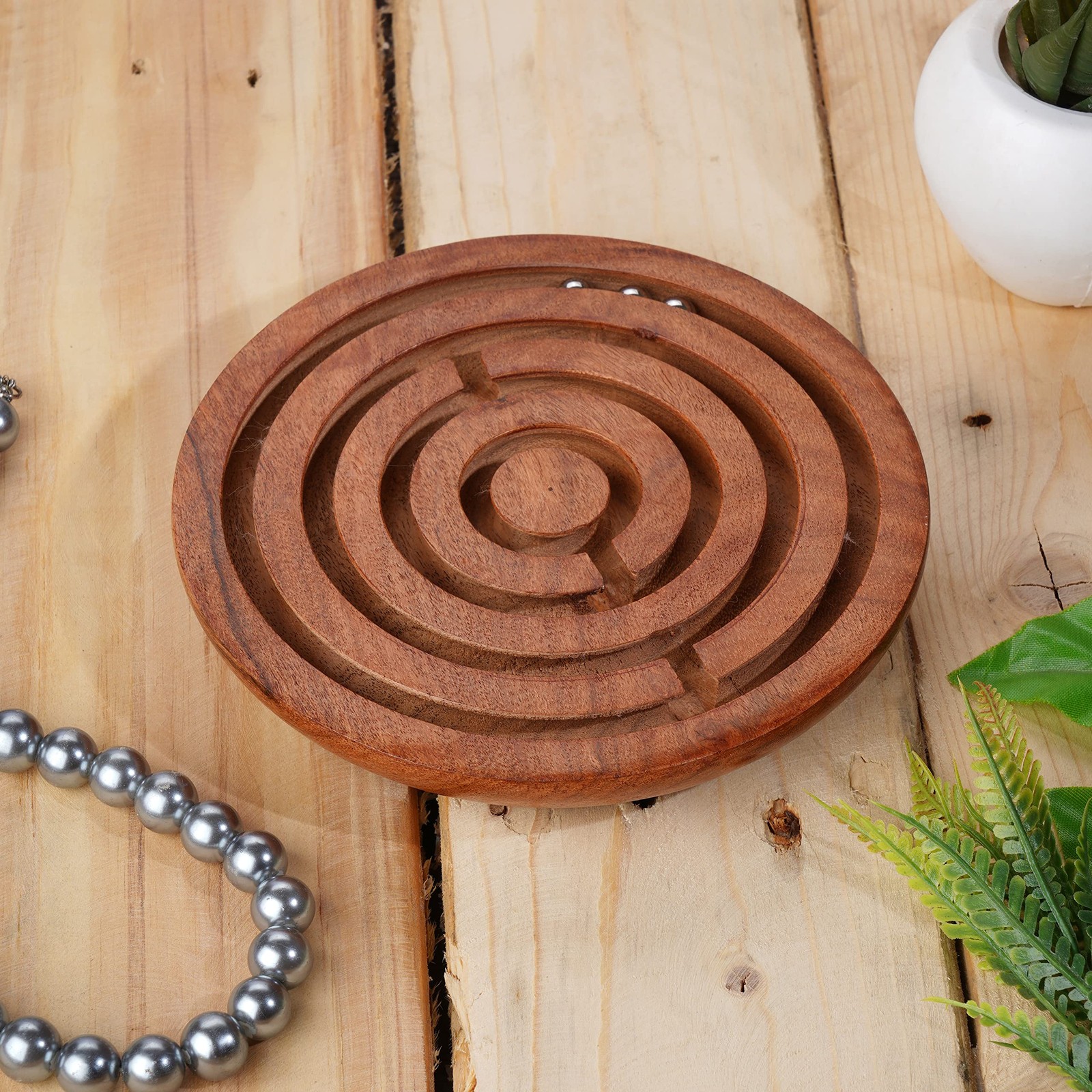 Ajuny Handcrafted Indian Wooden Round Labyrinth Ball Maze 6 Inch, Brown