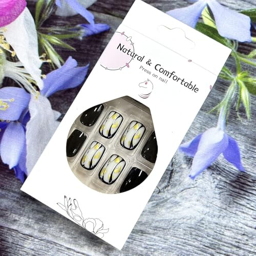 Black Press on Nails Short Square False Nails Gold Foil Design Short Nails
