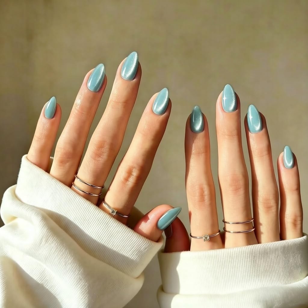 Cat Eye Press On Nails Short Almond, 32 Pcs Glitter Teal Green Fake Nails wit…