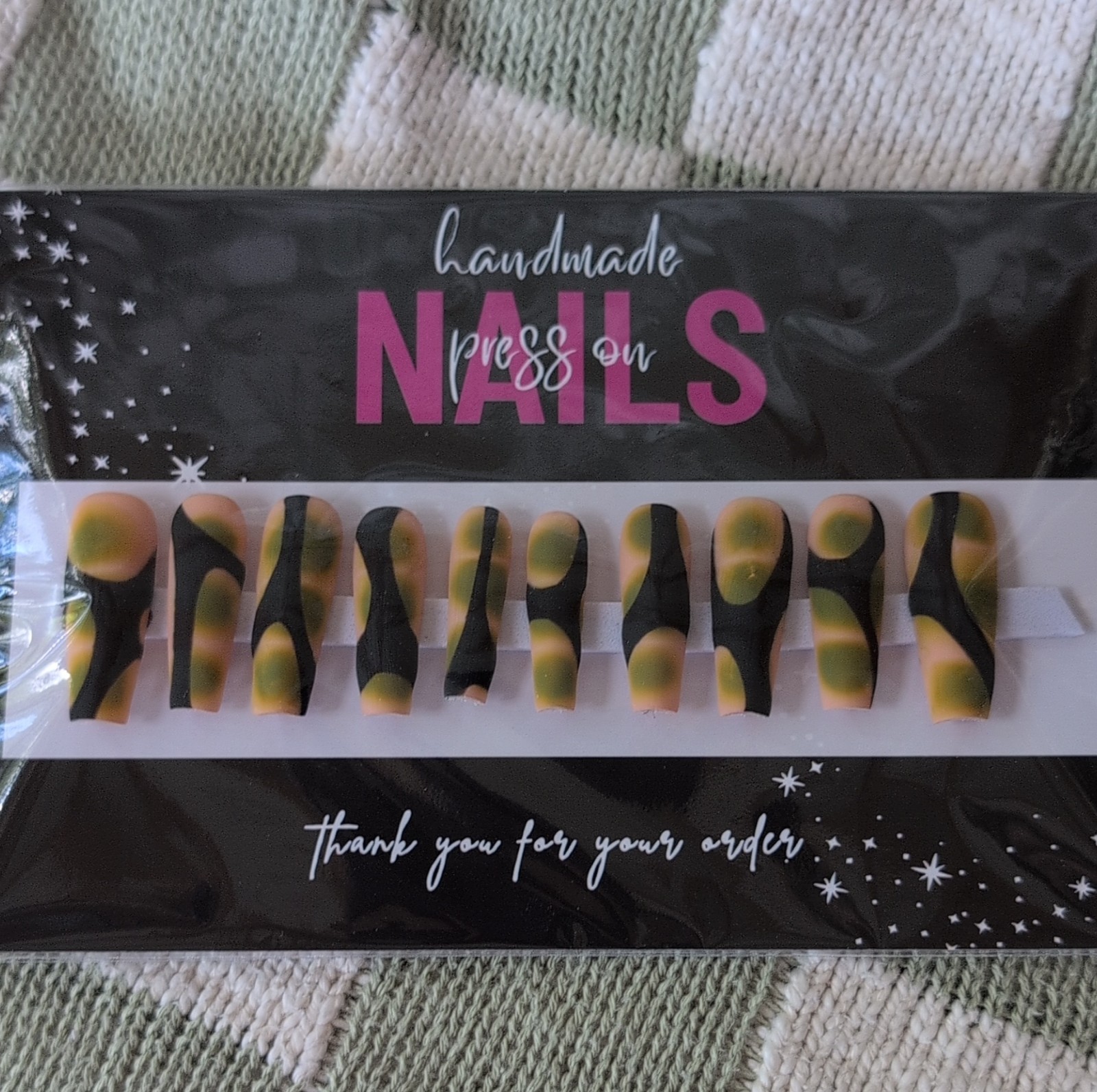 Handmade Press-On Nails Matte Black Green Nude Abstract Square Sized Medium