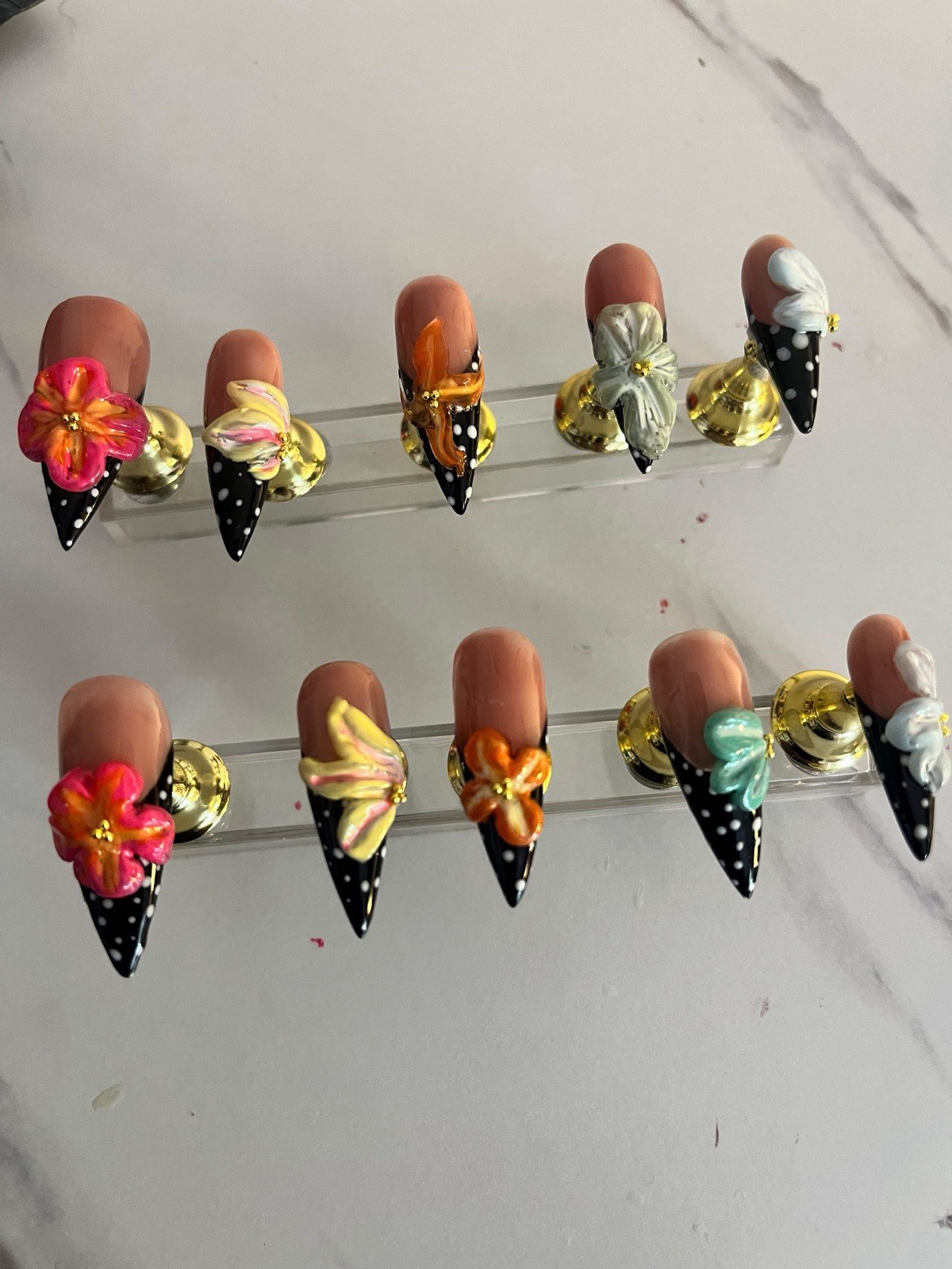 Galaxy Bow Stilettos. Handcrafted press-on nails with glossy black