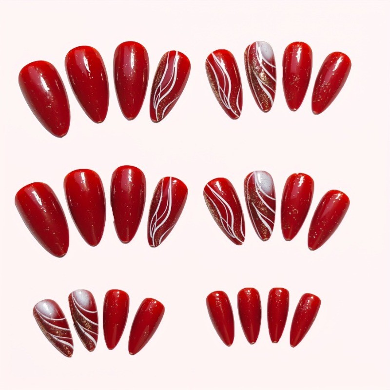 48PCS Oval Shaped Red and White Flashing Stripe Nail Press, Reusable Fake Nails