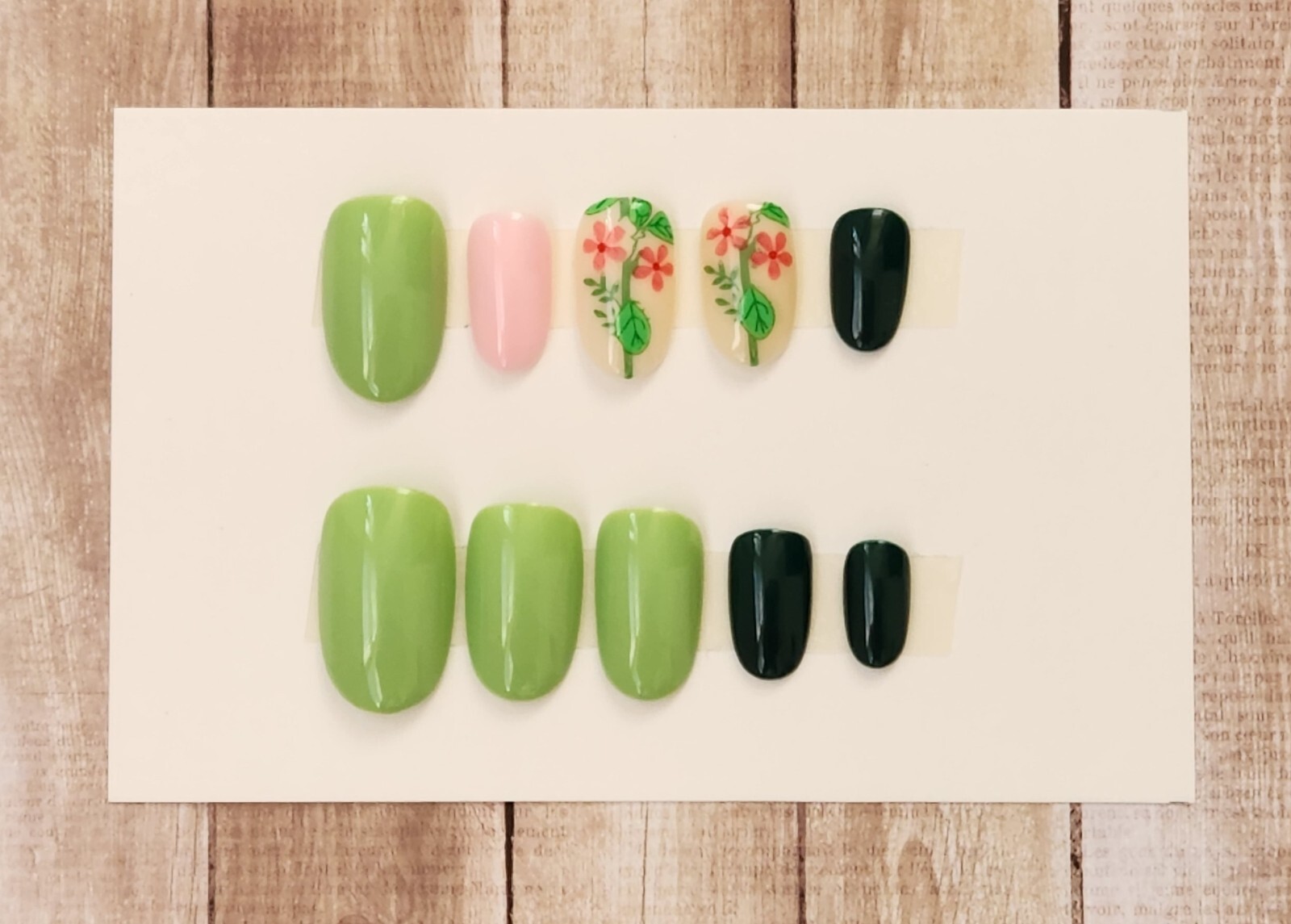 Custom Press On Handmade Gel Nails Green Floral Accent Oval Short 20 Tips