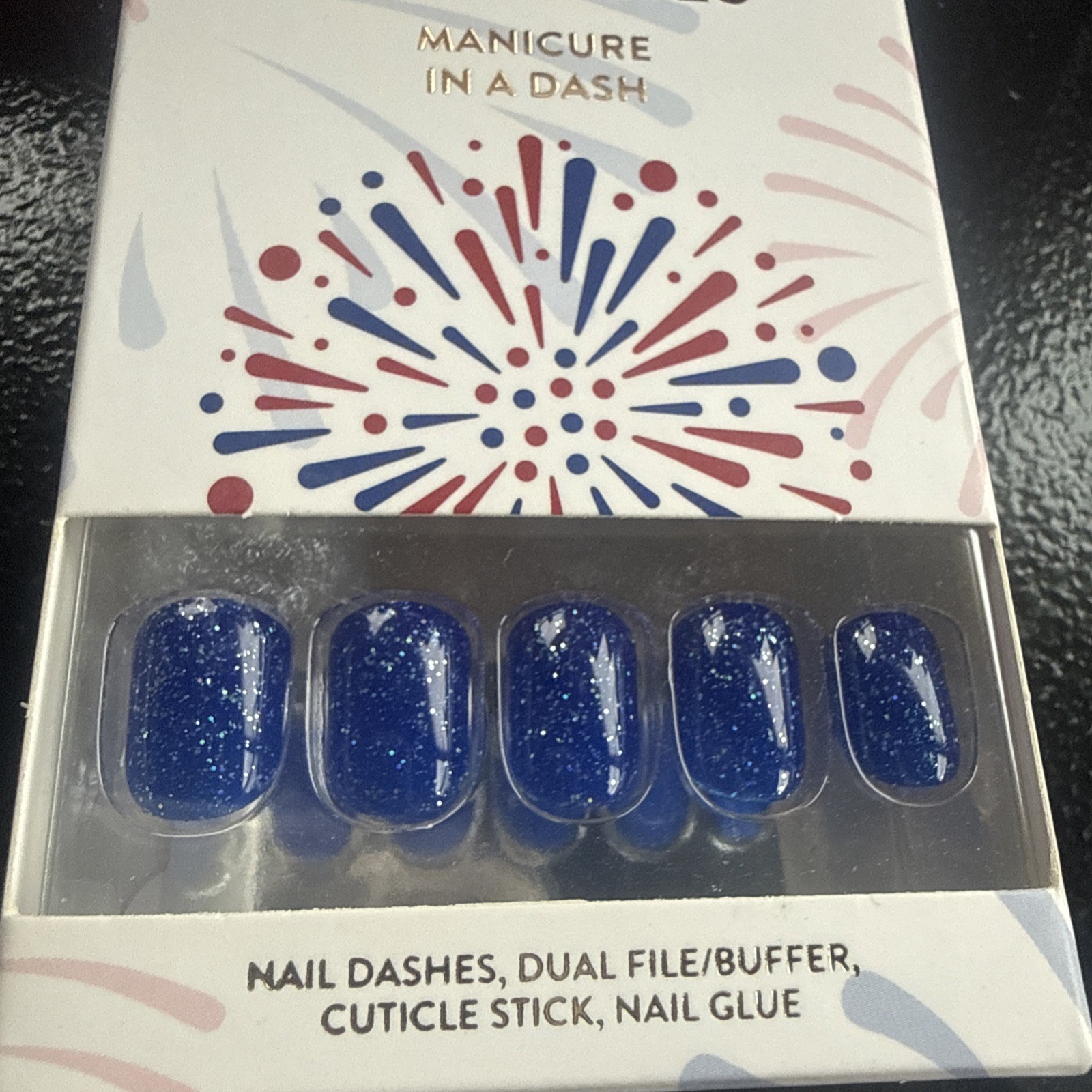Red Aspen Press On Short Square Blue Glitter Fireworks Freddie 💙