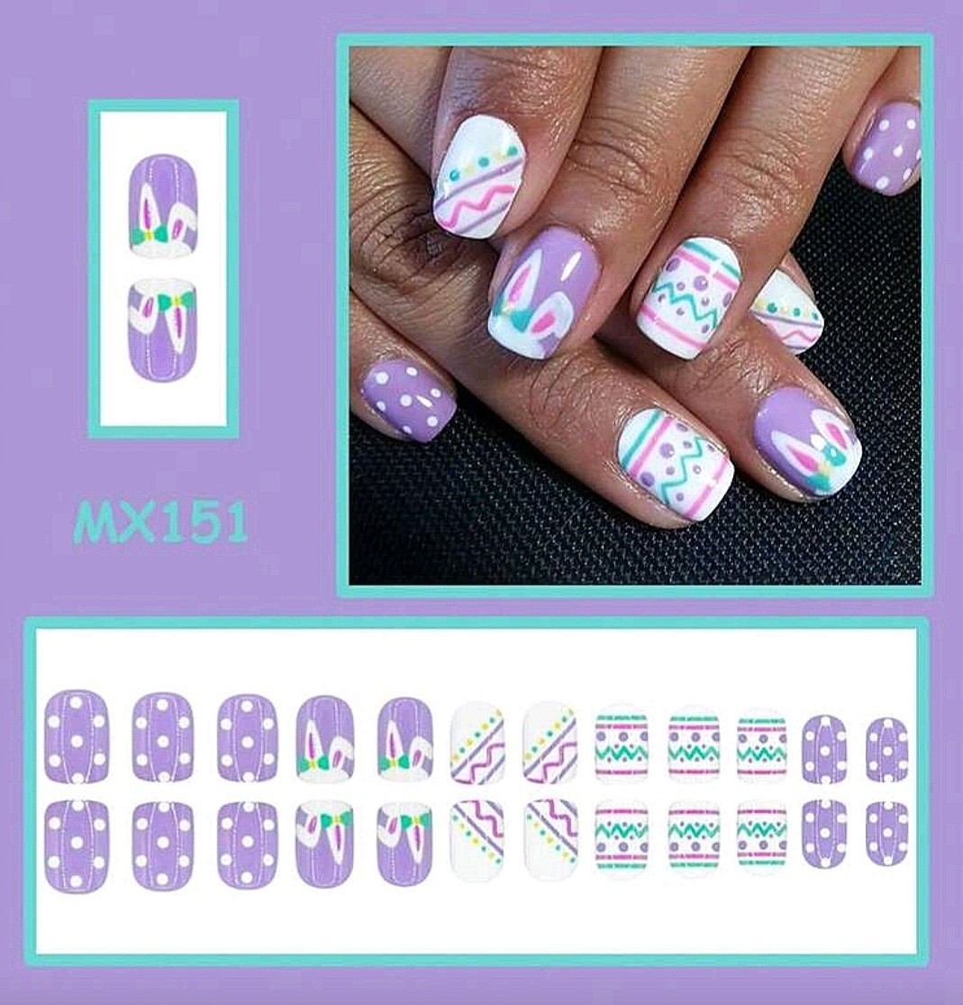 Press-On Nails Easter Bunnies Lavender Dots White Short Shiny