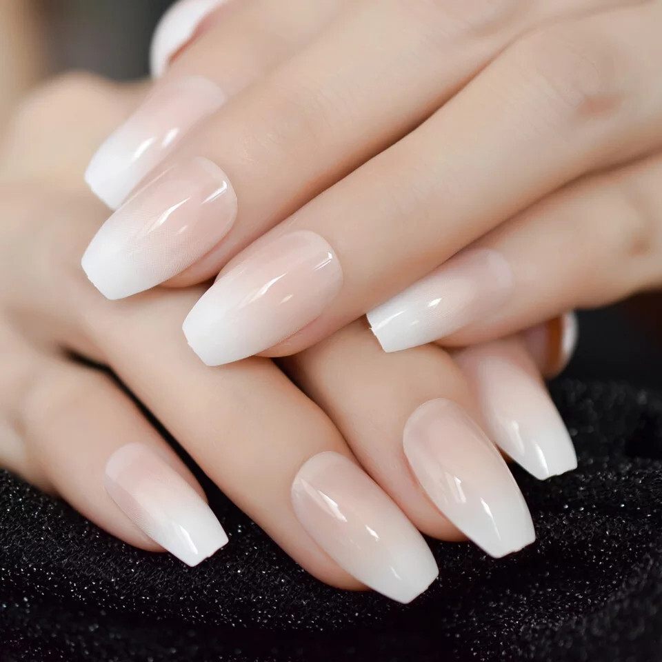 Ombre French Tip Gradient Medium Press On Nails With Glue coffin