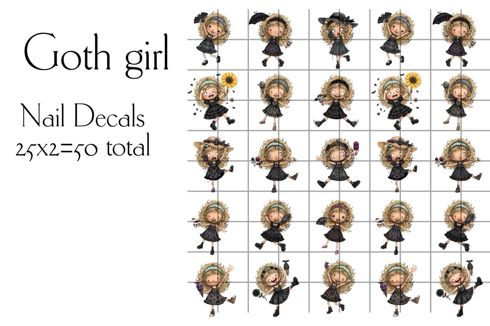 Goth girl Waterslide Decals For Nails, Hot Wheels, Etc Set Of 50 KC