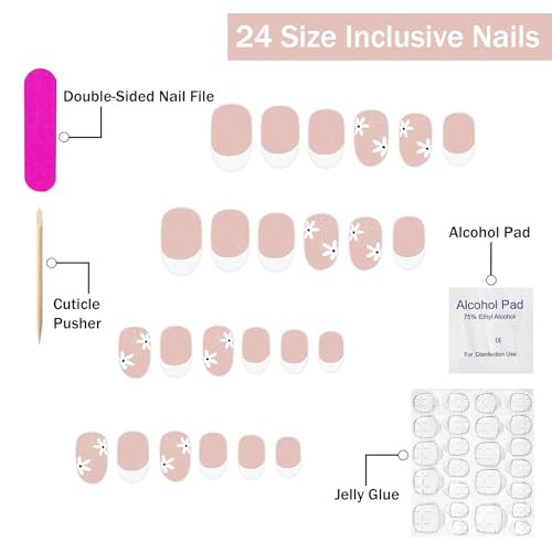 Flower Press on Nails Short Oval SWEKKE White French Tip Fake Almond Nails30