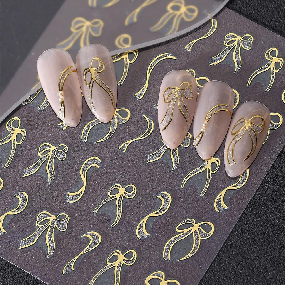 6 Sheets Bow Nail Art Stickers Bows Stickers for Nails 3D Self Adhesive Gold Red