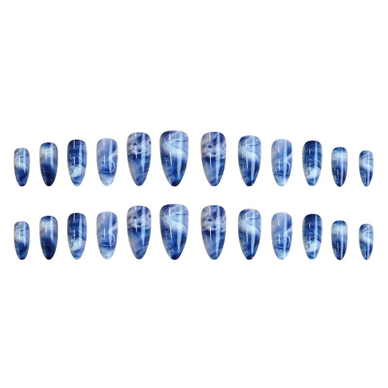 48pc Blue Press on Nails White Blended Marble Wearing Mid Long Press On Nails