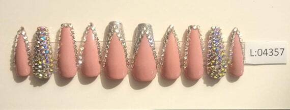 Pink Nail with Rhinestones + Custom Box | Ballerina and Stiletto Combined Nails