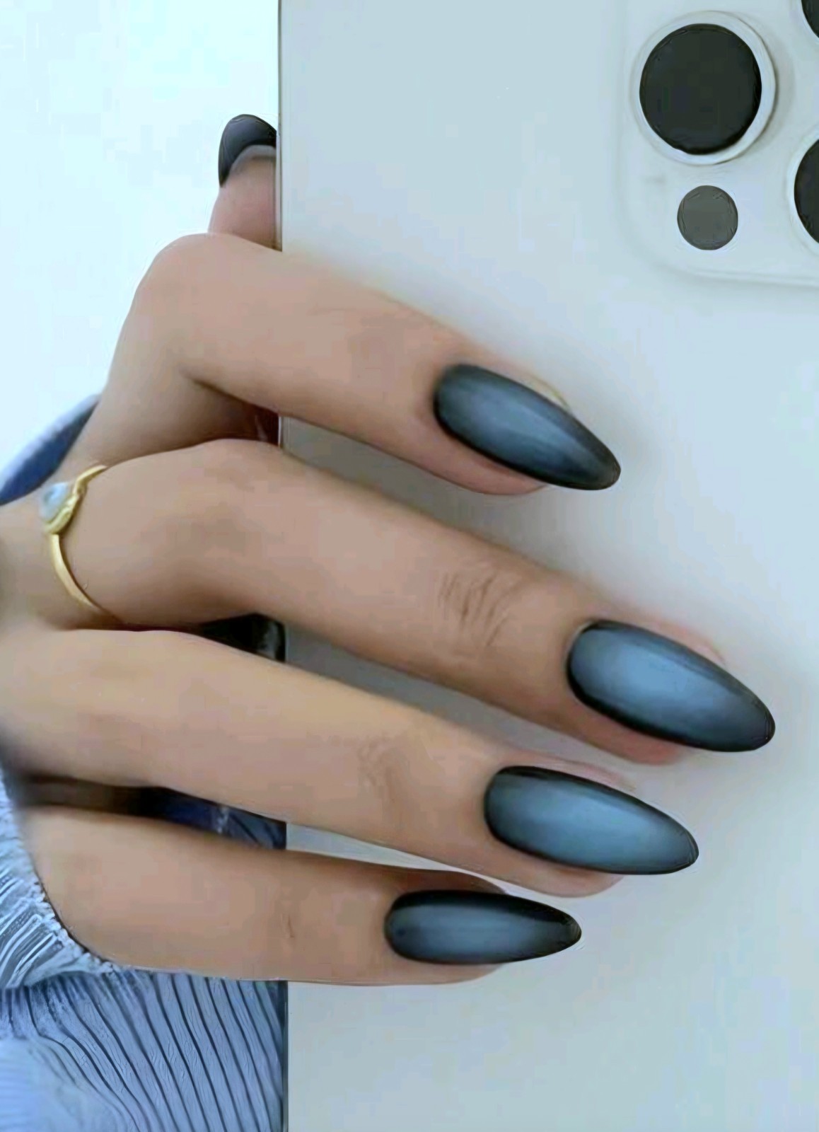 Press-On Nails Gray-Blue French Styled Ombre Long Almond Shaped