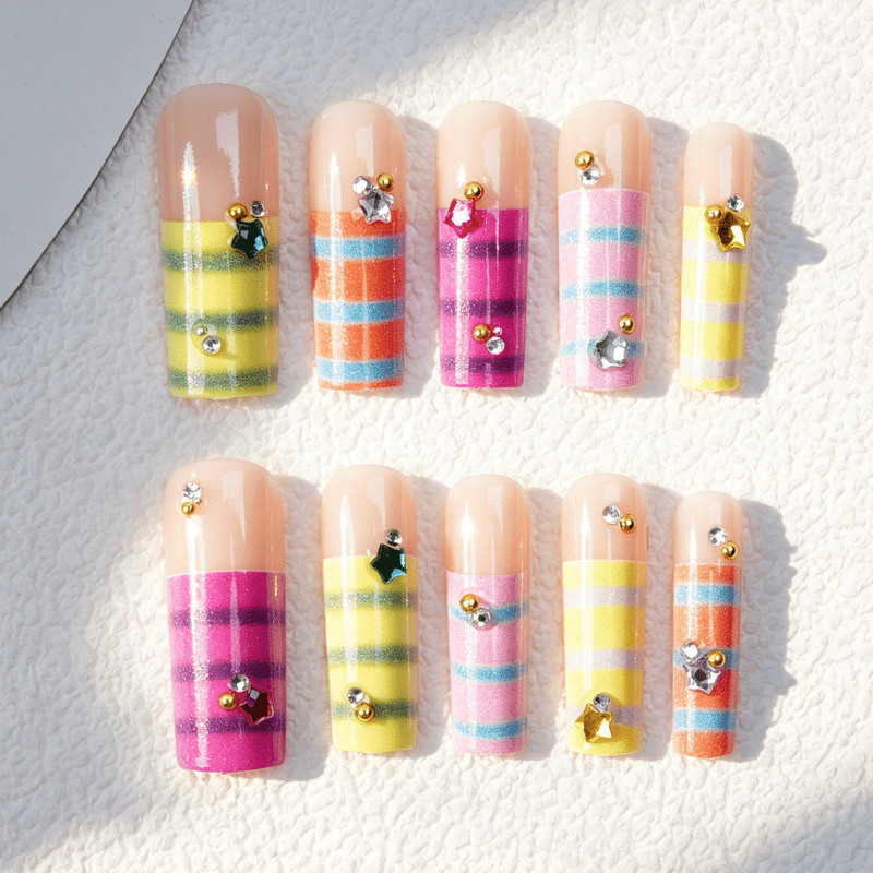 24pcs-Press on Nails Colorful Striped Star Rhinestone Long Square Y2K Nail Set