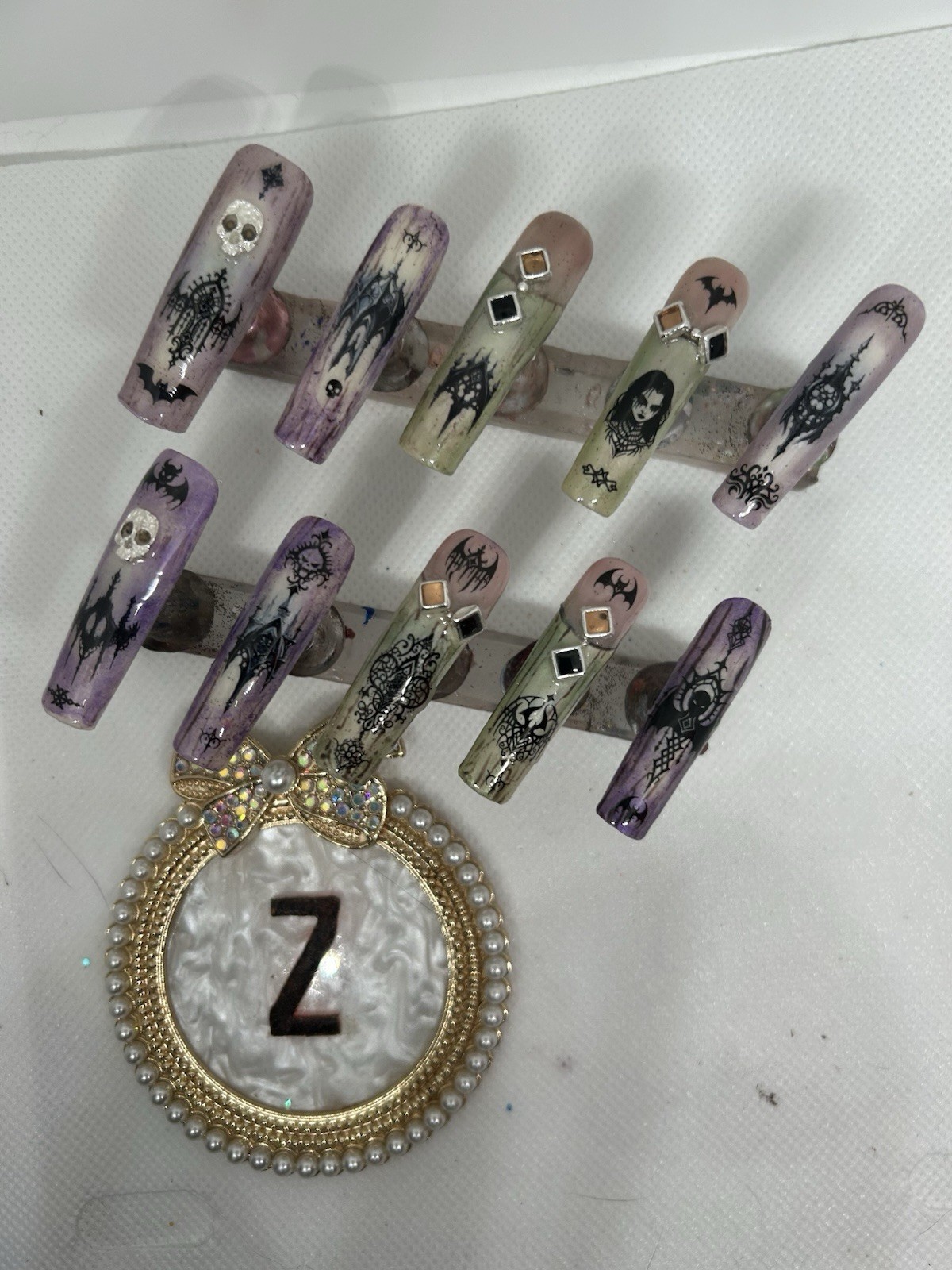 Z NAILZ! Handmade XXXL Square Gothic Design Purple/green Mist Press on Nails