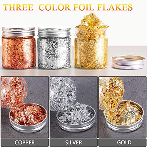 Gold Foil Flakes with Tweezers and Brush, 3 Colors Imitation Gold 3color-9g