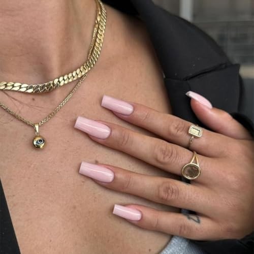 KQueenest Pastel Pink Press On Nails, Glossy Sheer Acrylic Nails for Women