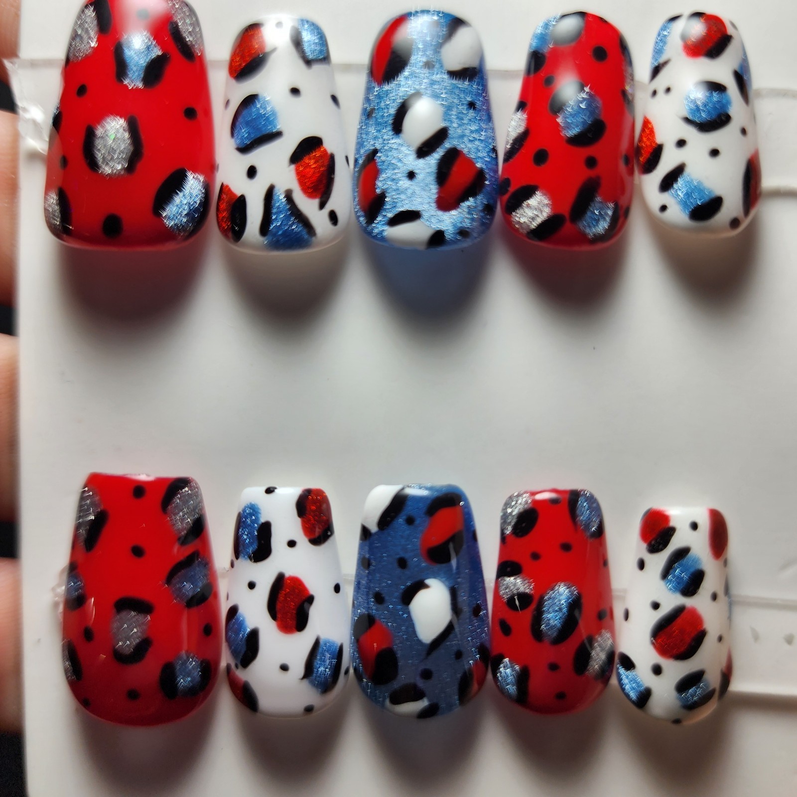 Short Coffin Medium Size Red White And Blue Leopard 4th Of July Press On Nails