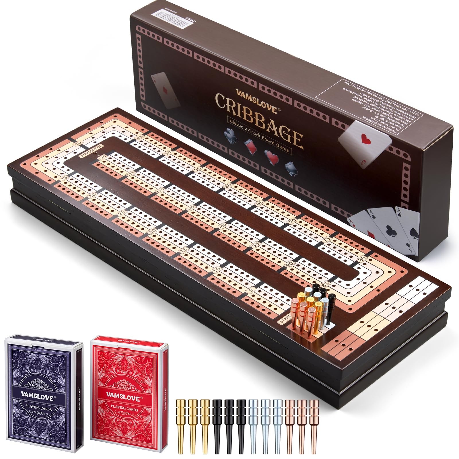 VAMSLOVE Upgraded Wooden 4-Track Cribbage Board Game Magnetic Large