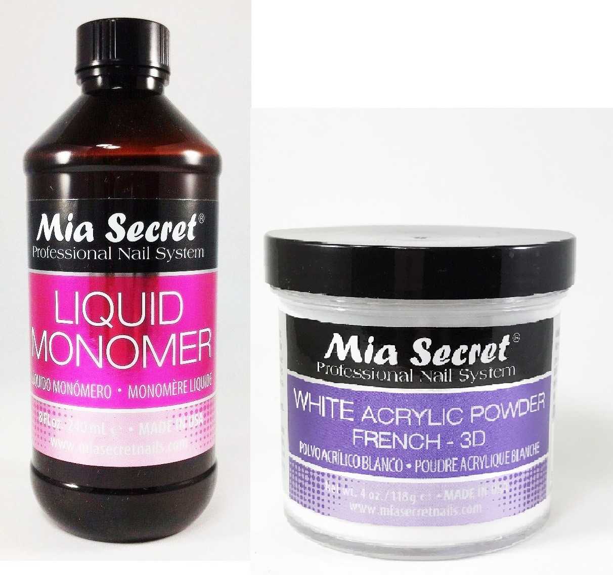 Mia Secret Liquid Monomer 8 oz and Mia Secret White Acrylic Powder 4 oz