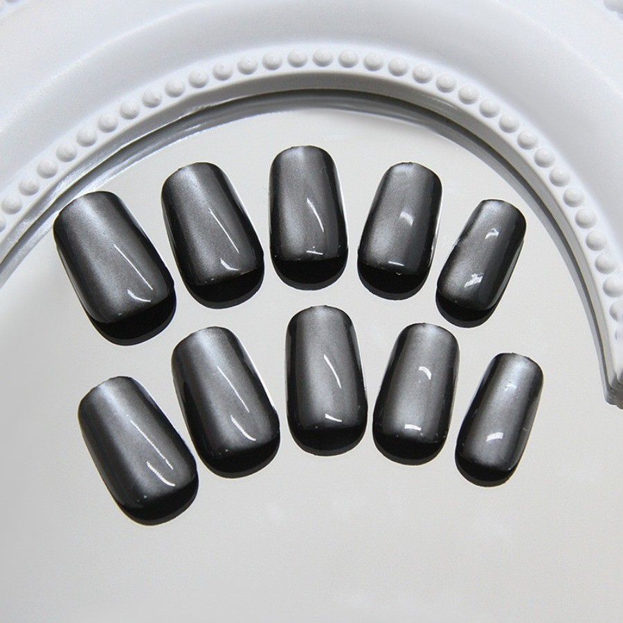 Press on Nail – Black Silver Cat Eye, Short Square Fake Nail, 48 Piece Set