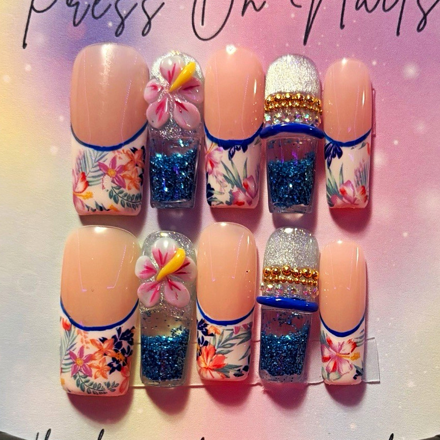 Handmade Multicolor Glitter Flower Square Press-On Nails Set, large water nails