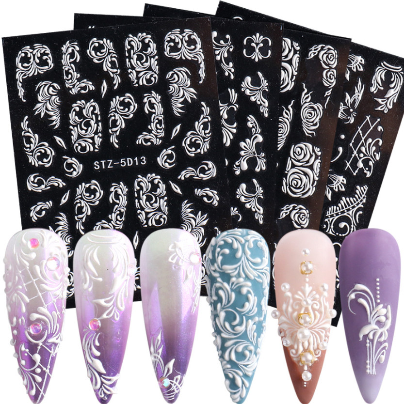 5D Embossed Christmas Snowflakes Tulip Flowers Heart Bear Nail Stickers Peel Off