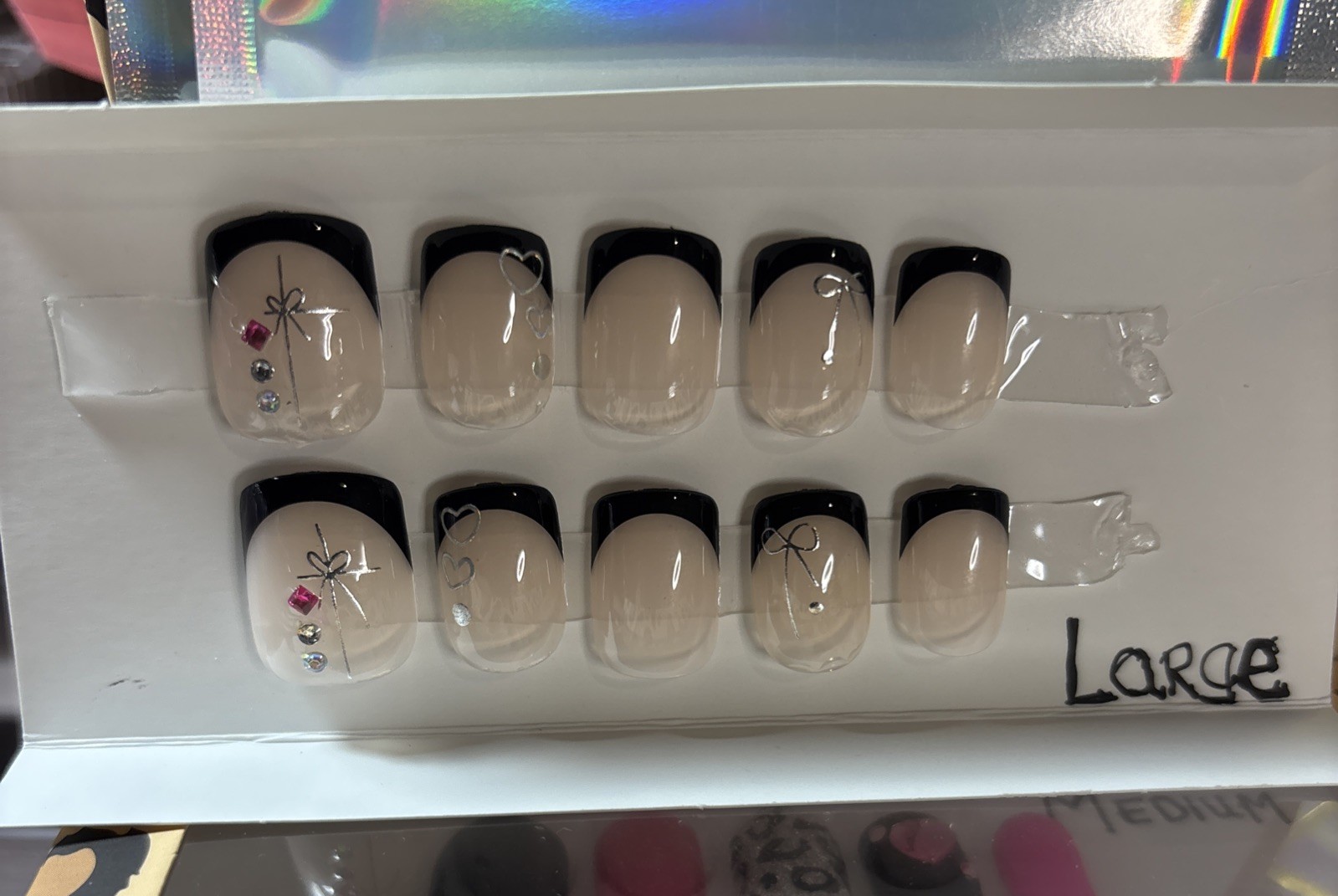 Press On Nails Short Square Black French w/silver&rhinestones full set Sz Lg…