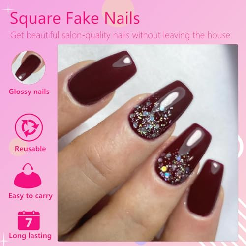 240pcs Burgundy Press on Nails Medium Square Fake Nails, Glossy Acrylic Press
