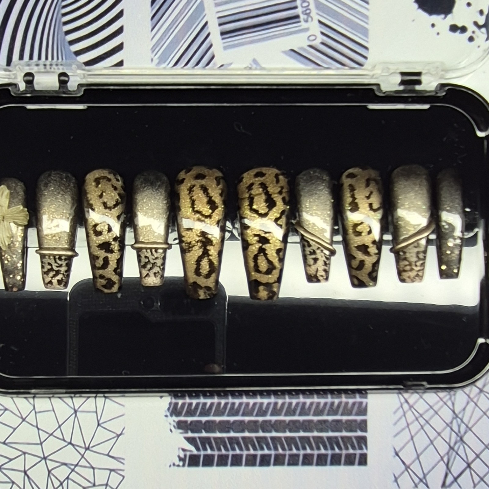 Gold Black Glitter Leopard Coffin Press-On Nails Pre-Designed Full Cover
