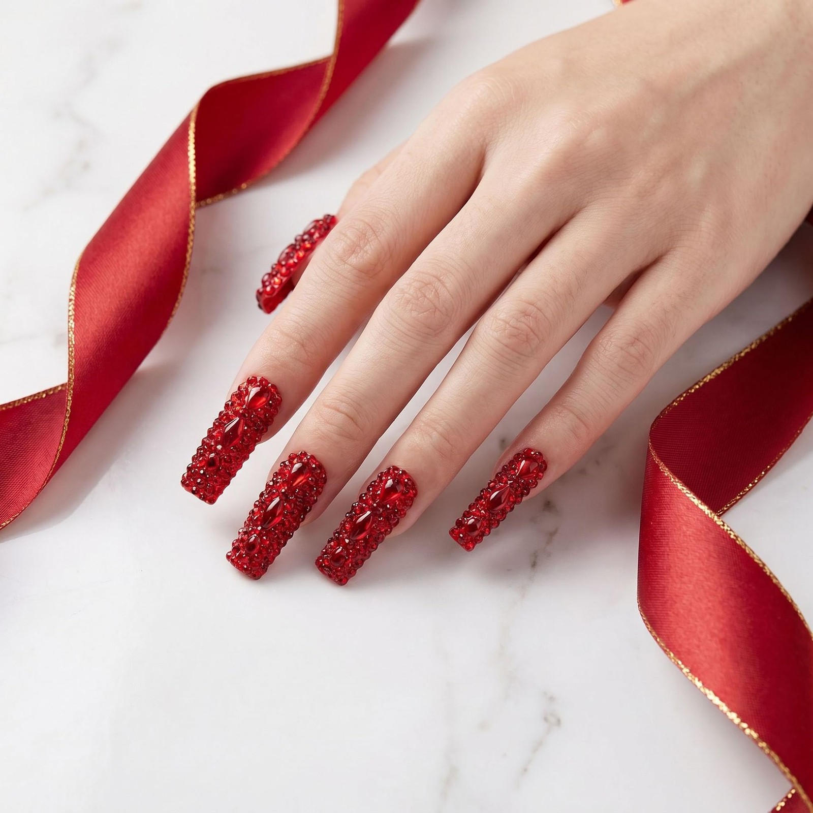 Extra Long Press on Nails Handmade Square Fake Nails Sparkly Red Rhinestones …