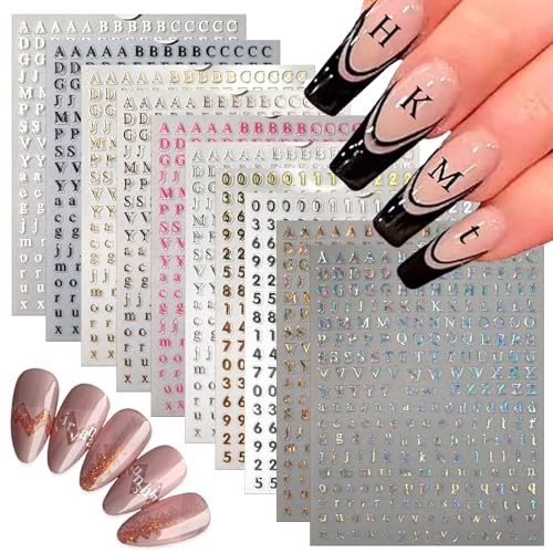 10 Sheets Nail Art Stickers,Small Laser Letters Nail Decals for Nails