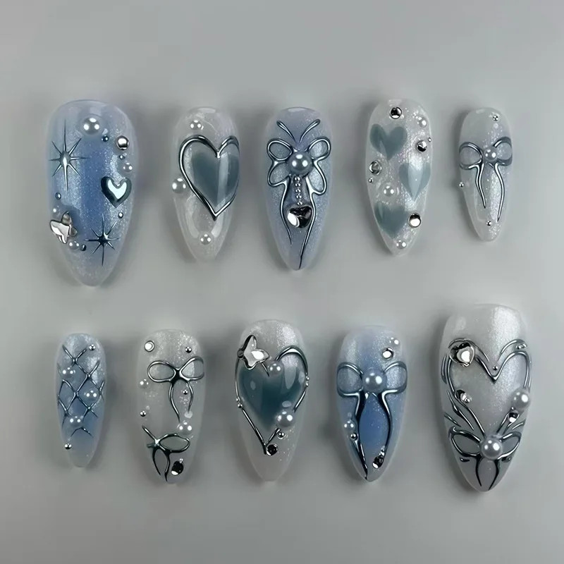 24Pcs Blue Almond Press on Nails 3D Pearl Mid-length Oval Bow False Nail Tips