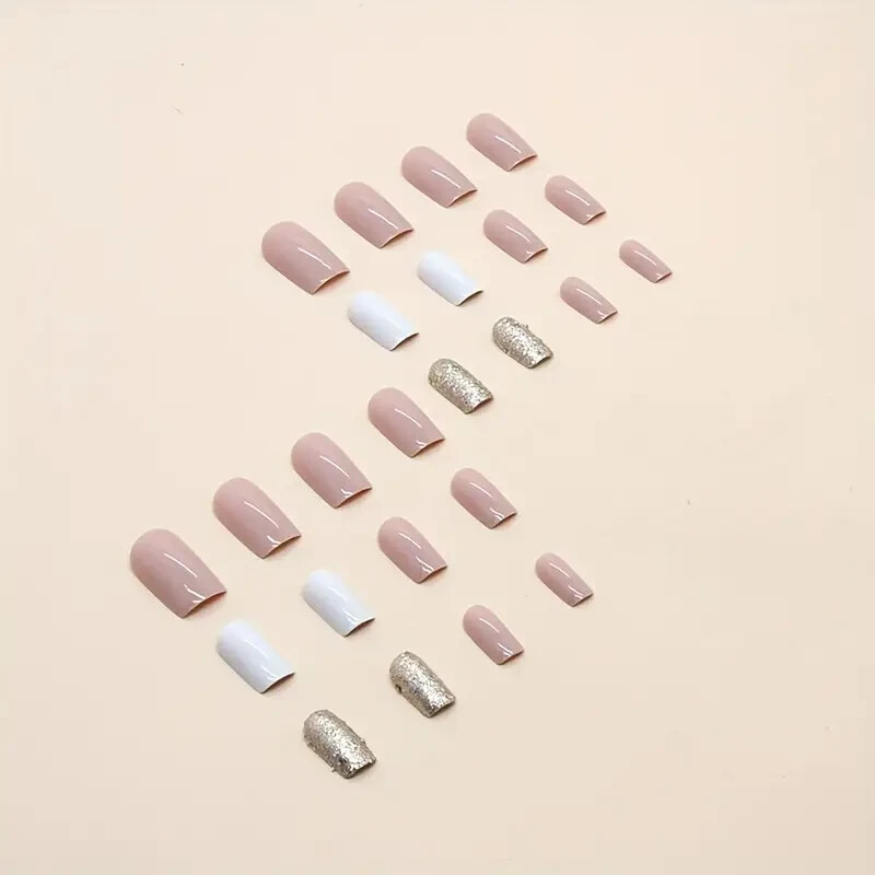 24pcs Glossy Medium Square Fake Nails White And Pink False Nails Glitter