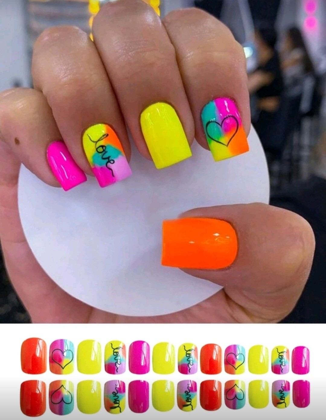 Press-On Nails Retro Summer of Love Yellow Pink Orange Fluorescent Short Shiny