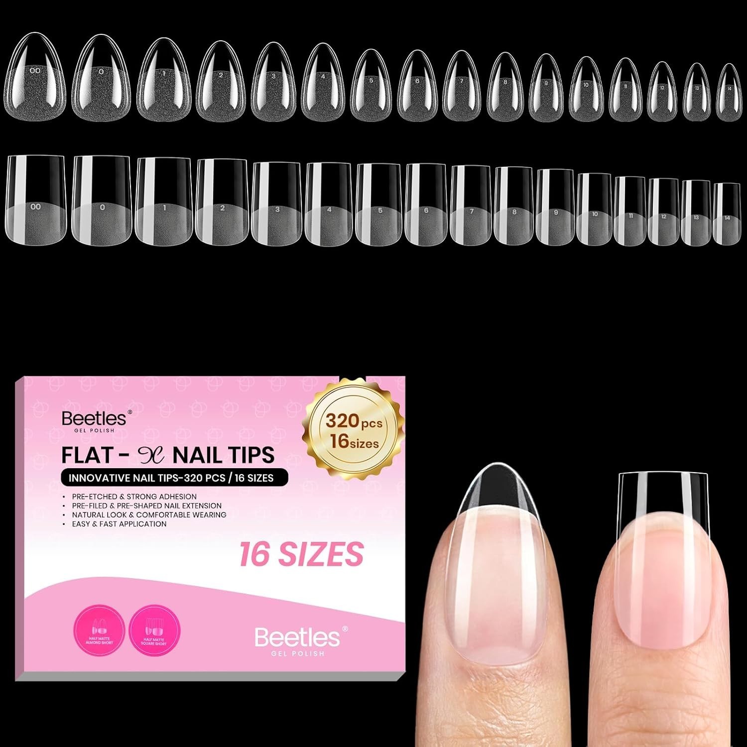 Beetles Flat-X Almond Square Nail Tips – Easy DIY, 320pcs, Durable & Breathable