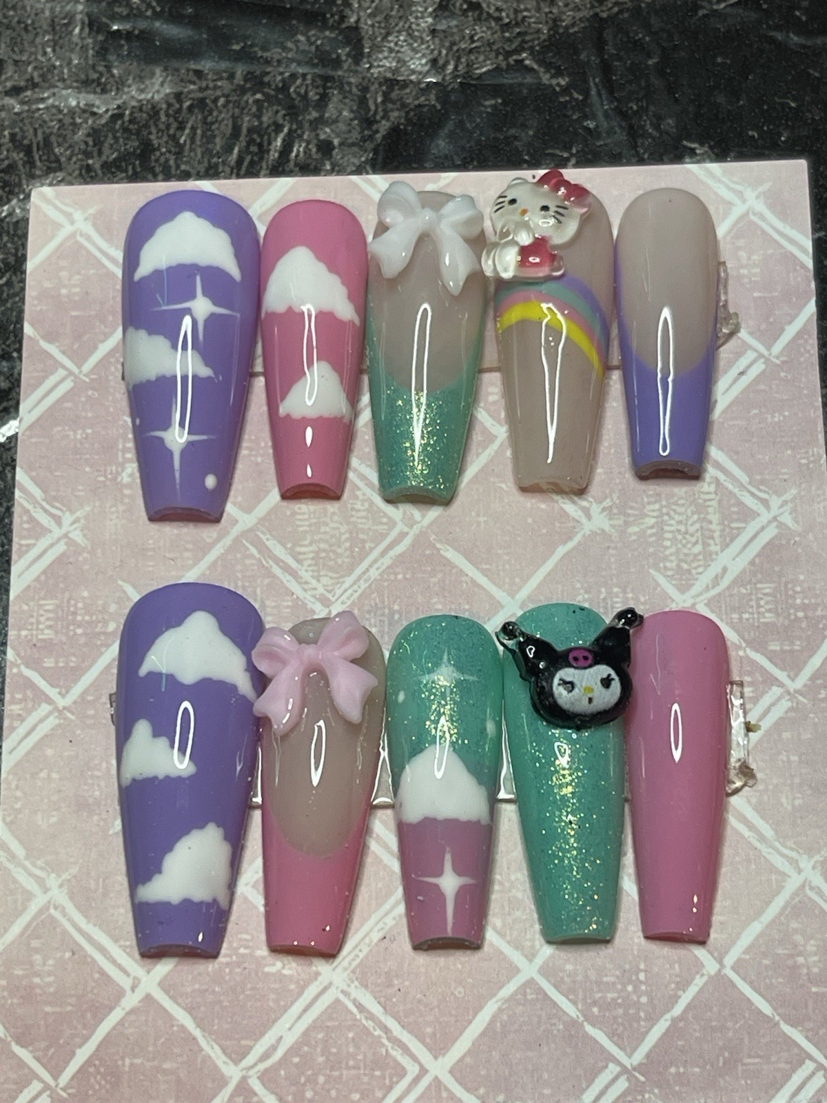 Handmade Press on Nails W/ Hello Kitty Charm. Pastels. Prep kit Inc
