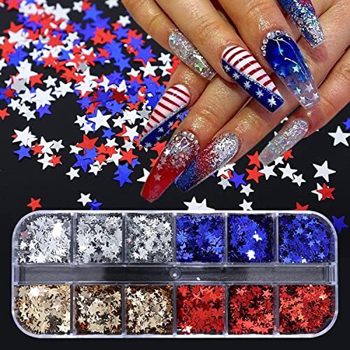 12 Grids 4th of July Nail Glitter Sequins Independence Day Star Nail Sequins P5
