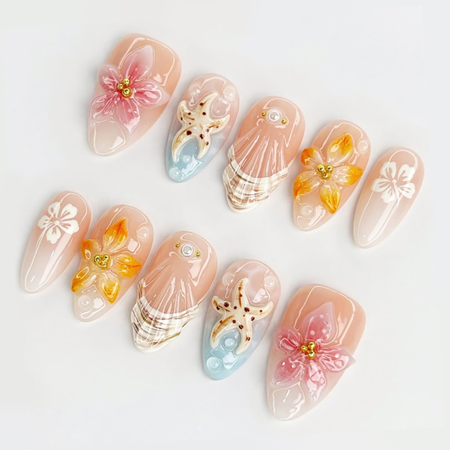 FDSQHSA french tip almond nails 3d flower star