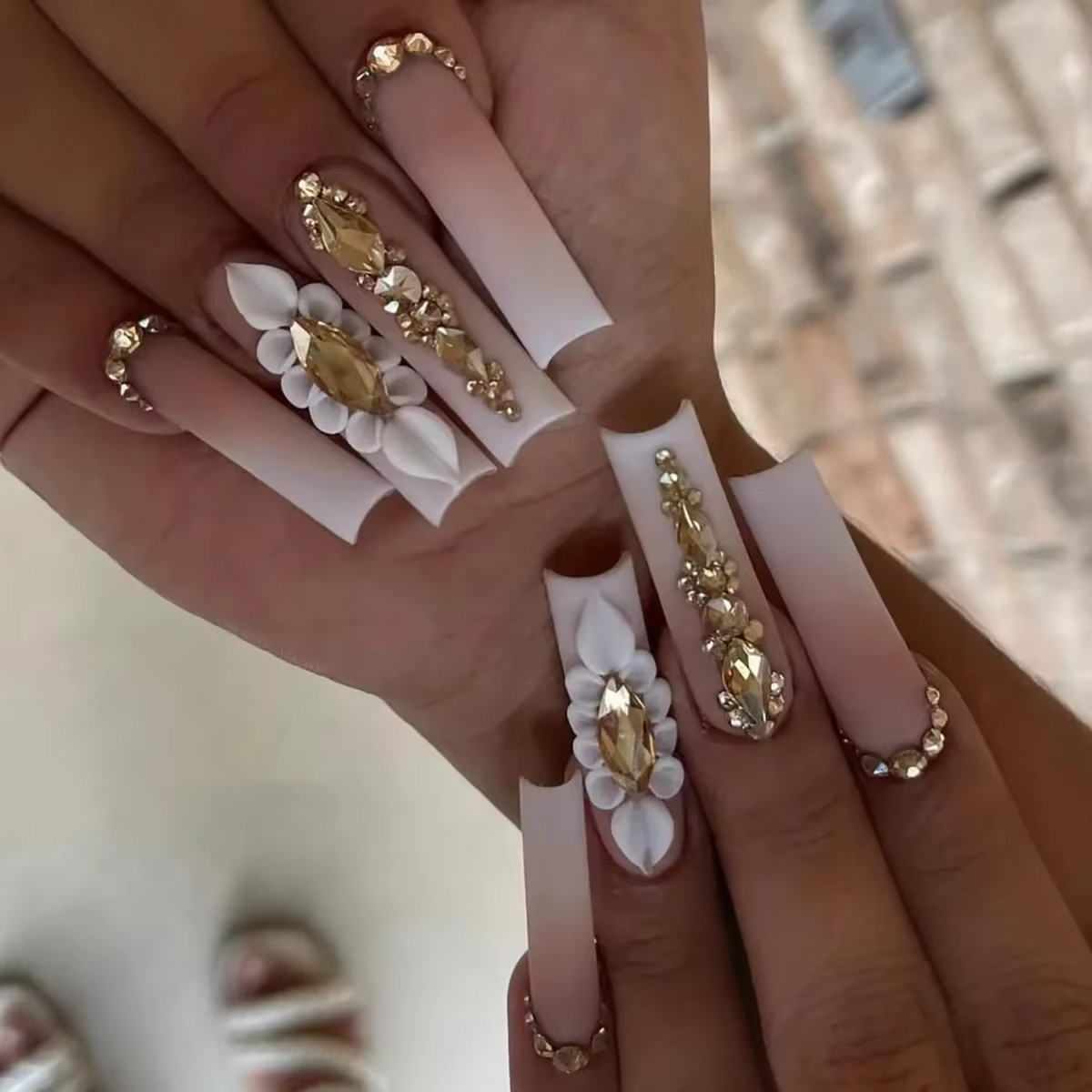 24Pcs Long French Fake Nails with Glue Ballet False Nails Butterfly Rhinestone D