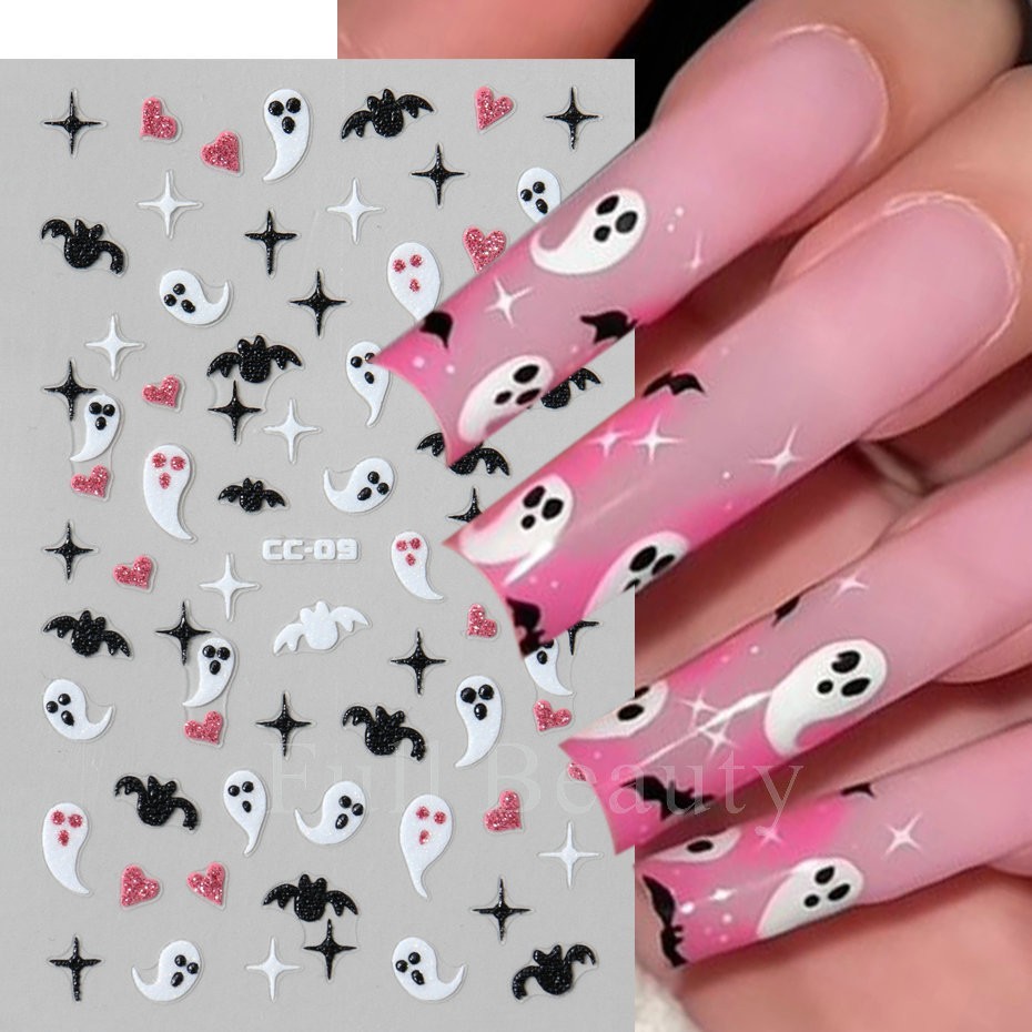 4Pcs Glow in The Dark Halloween Glitter Nail Decals Ghost Spider Web Skull NH30